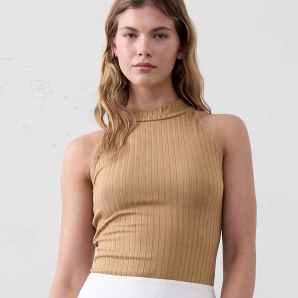 Tan Banana Republic Wide Ribbed Halter Top Size L NWT